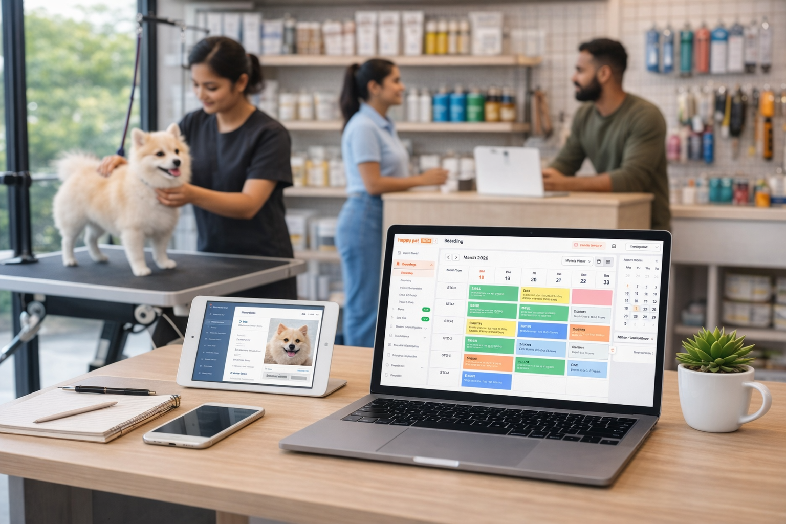 happy pet tech in grooming center